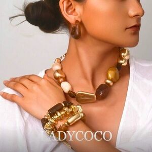 Chunky Brown and Gold Beaded Necklace & Bracelet Set